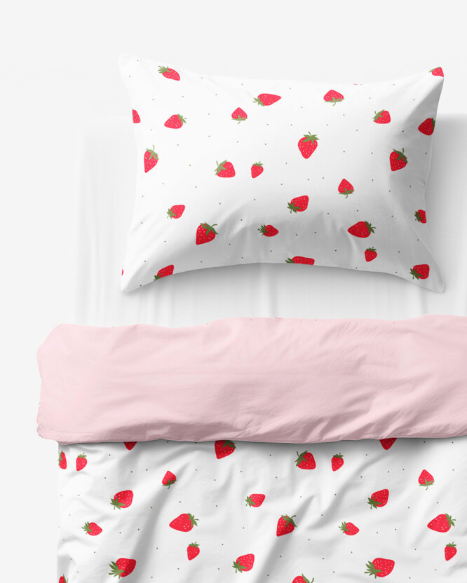 Kinder-Bettwäsche aus Baumwolle Duo - frische Erdbeeren mit Puderrosa