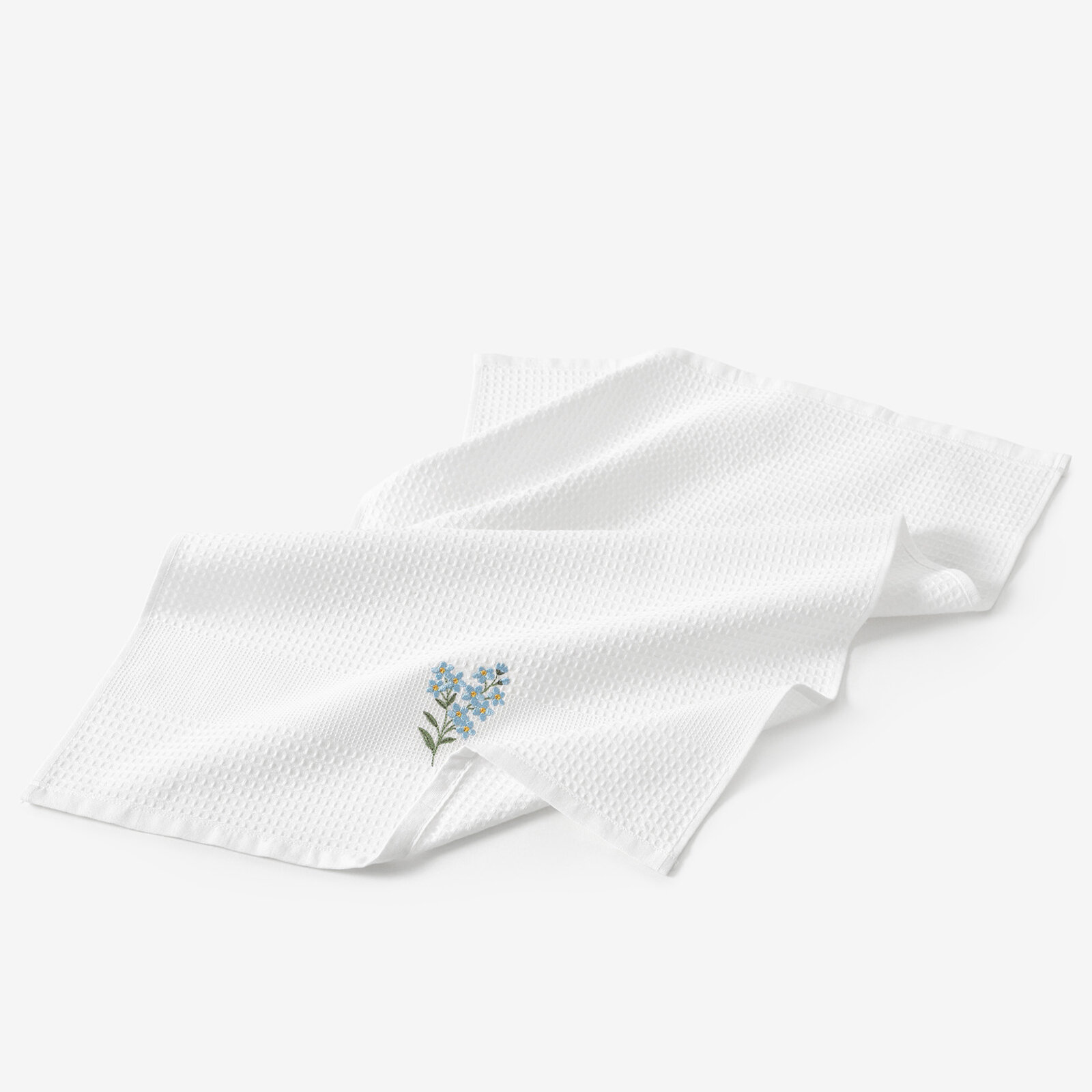 Waffel-Geschirrtuch mit Stickerei - Vergissmeinnicht auf Weiß