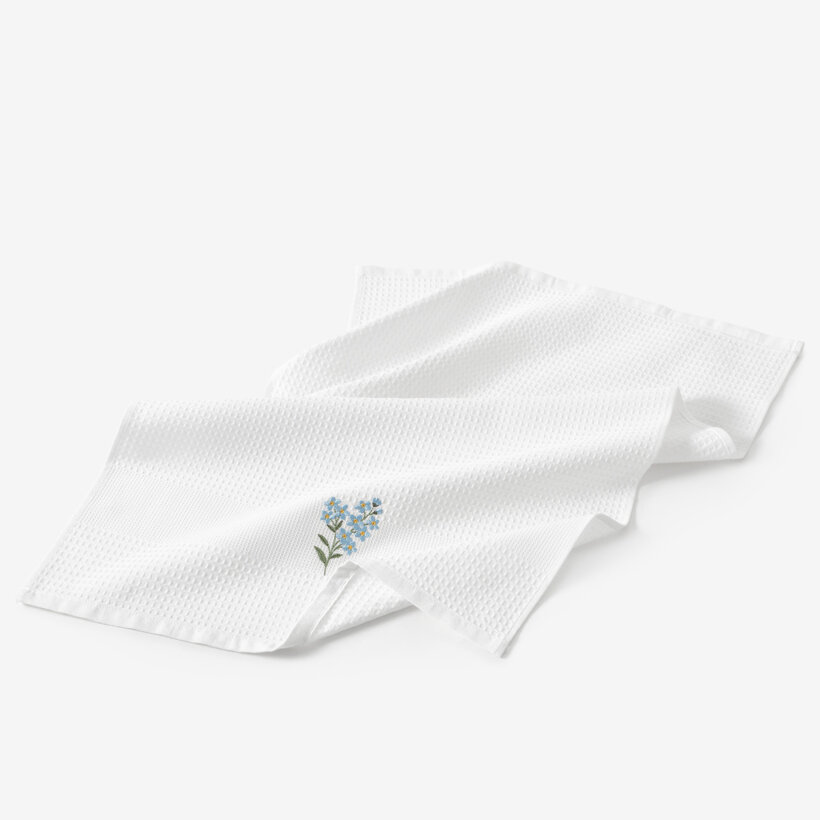 Waffel-Geschirrtuch mit Stickerei - Vergissmeinnicht auf Weiß