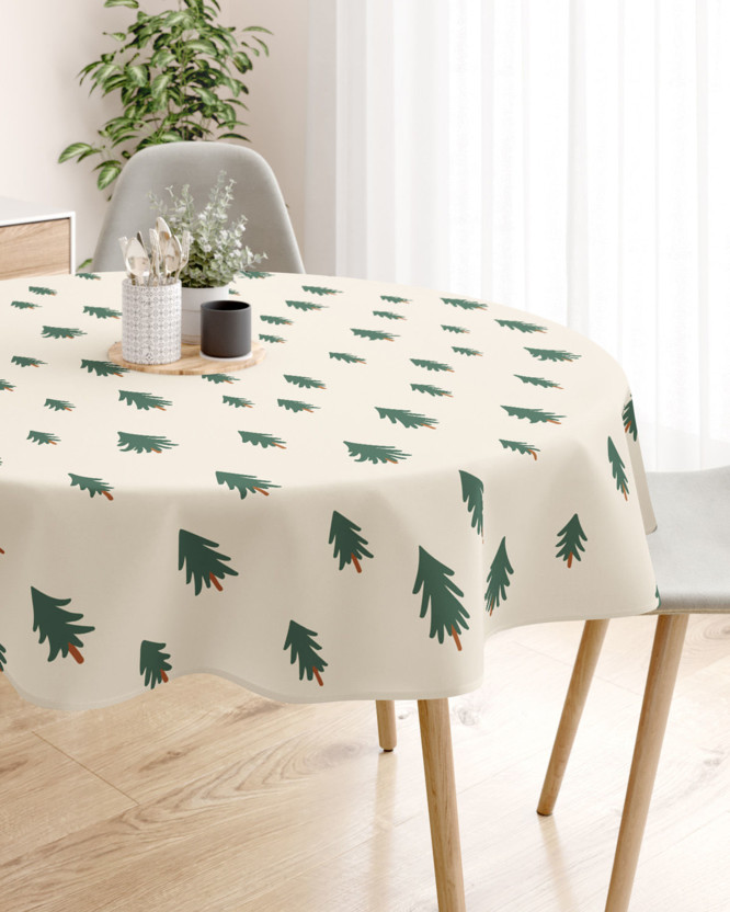 Weihnachtliche runde Tischdecke 100% Baumwollköper - Bäumchen auf natur