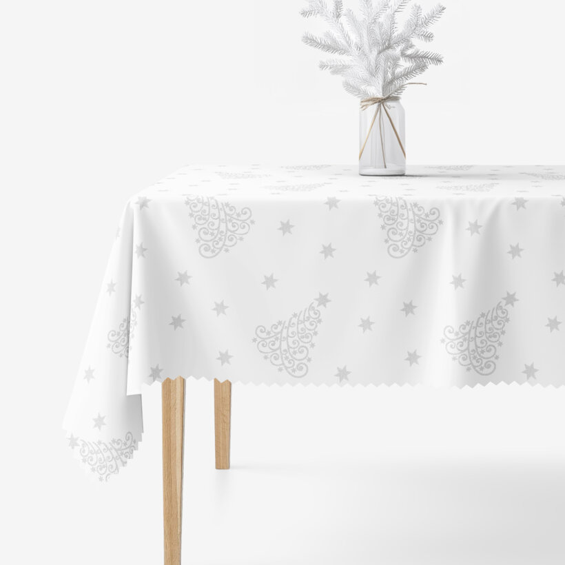Weihnachtliche eckige Teflon-Tischdecke - Silberne Tannenbäume und Sterne