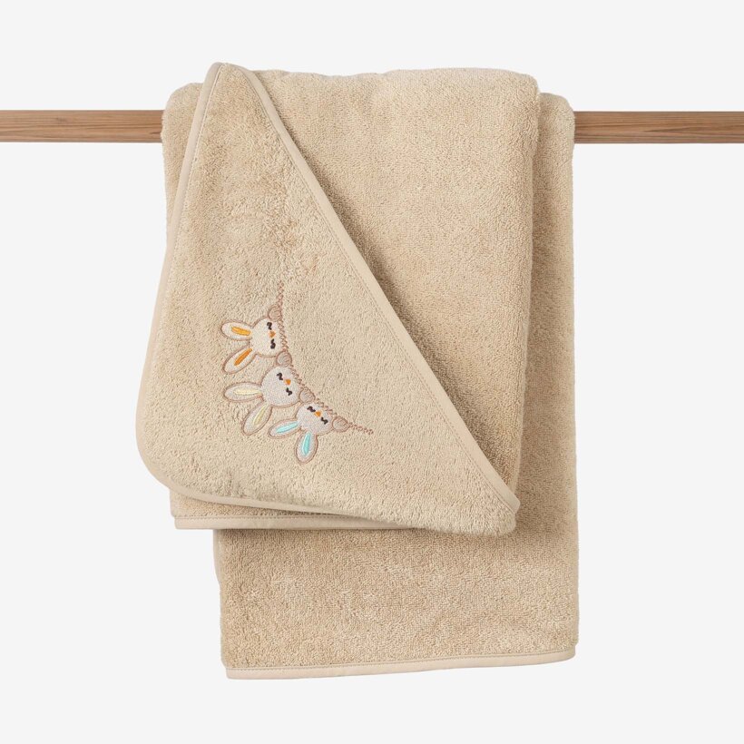 Frottee Babybadetuch mit Kapuze - Häschen auf Beige