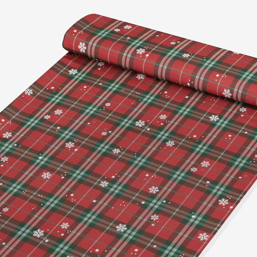 Weihnachtlicher Teflonstoff für Tischdecken – Rotkariert mit Schneeflocken