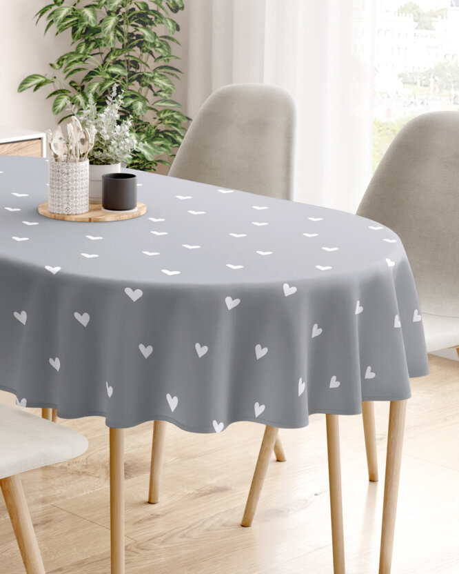 Ovale Tischdecke aus 100% Baumwolle - Herzchen auf Grau