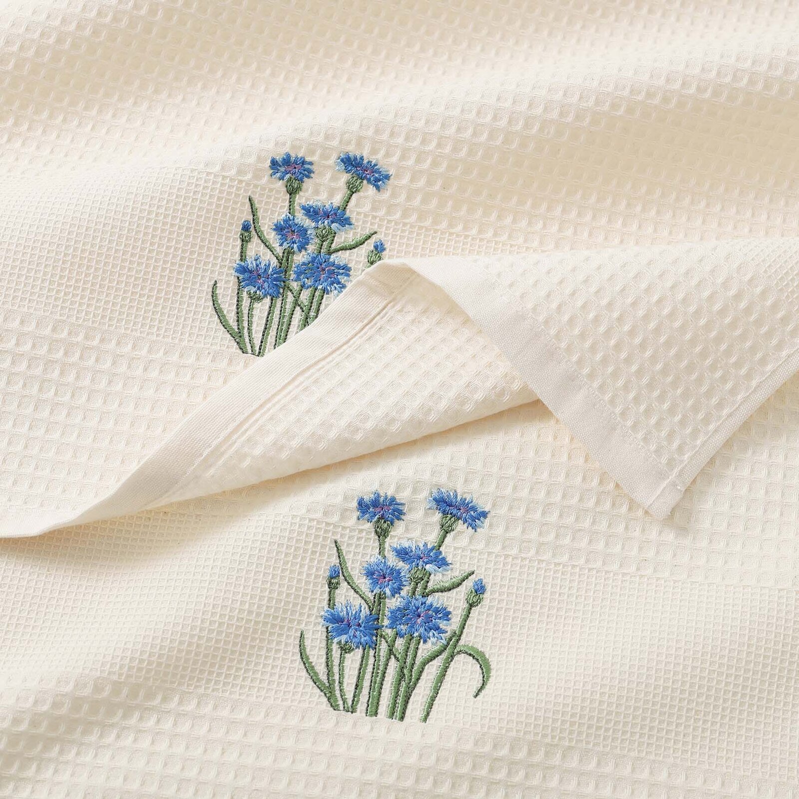 Waffel-Geschirrtuch mit Stickerei - Kornblumen auf Creme