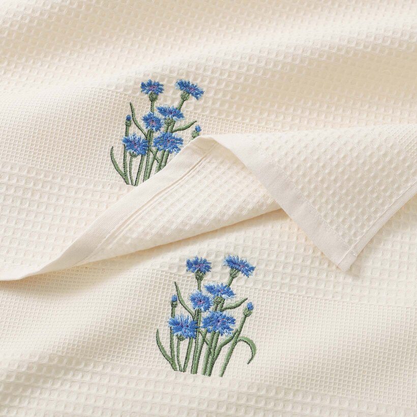 Waffel-Geschirrtuch mit Stickerei - Kornblumen auf Creme