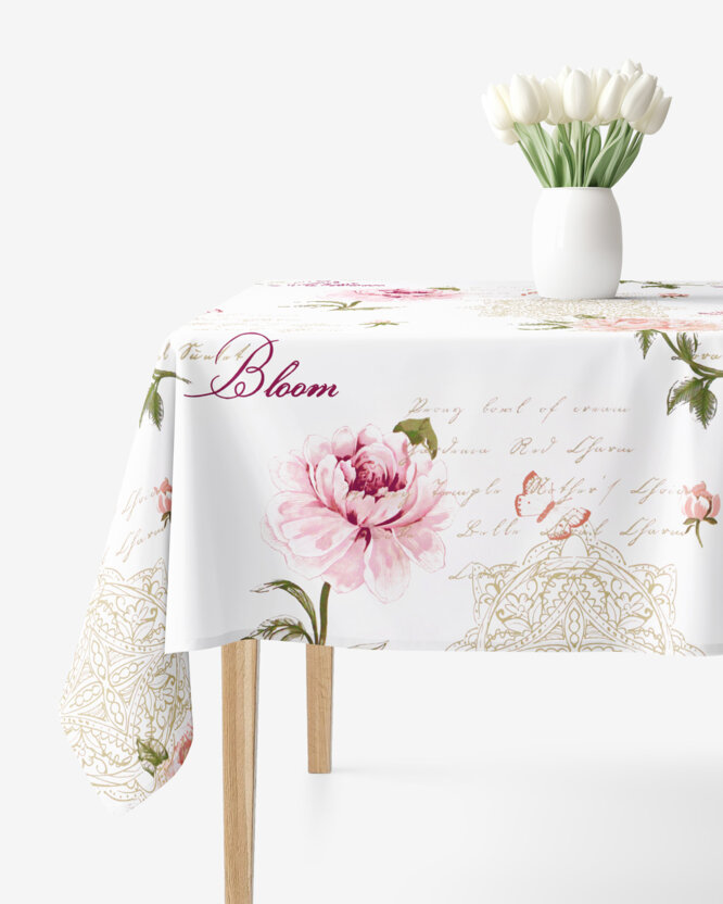 Eckige Tischdecke 100% Baumwolle - Pfingstrosen und Schriftzügen