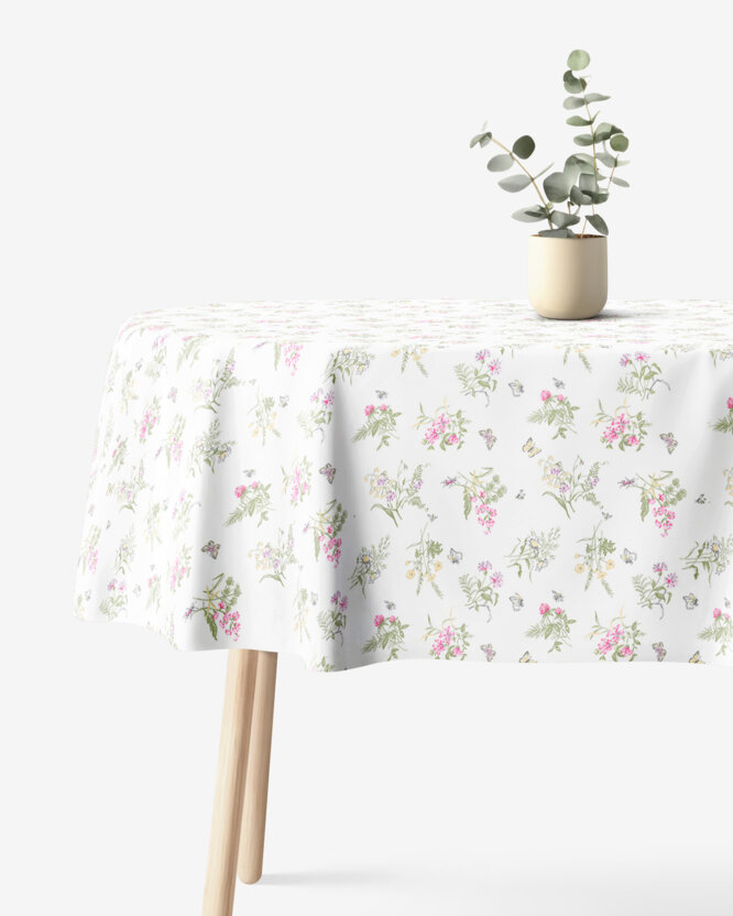 Ovale Tischdecke aus 100% Baumwolle - Bunte Wiesenblumen auf Weiß
