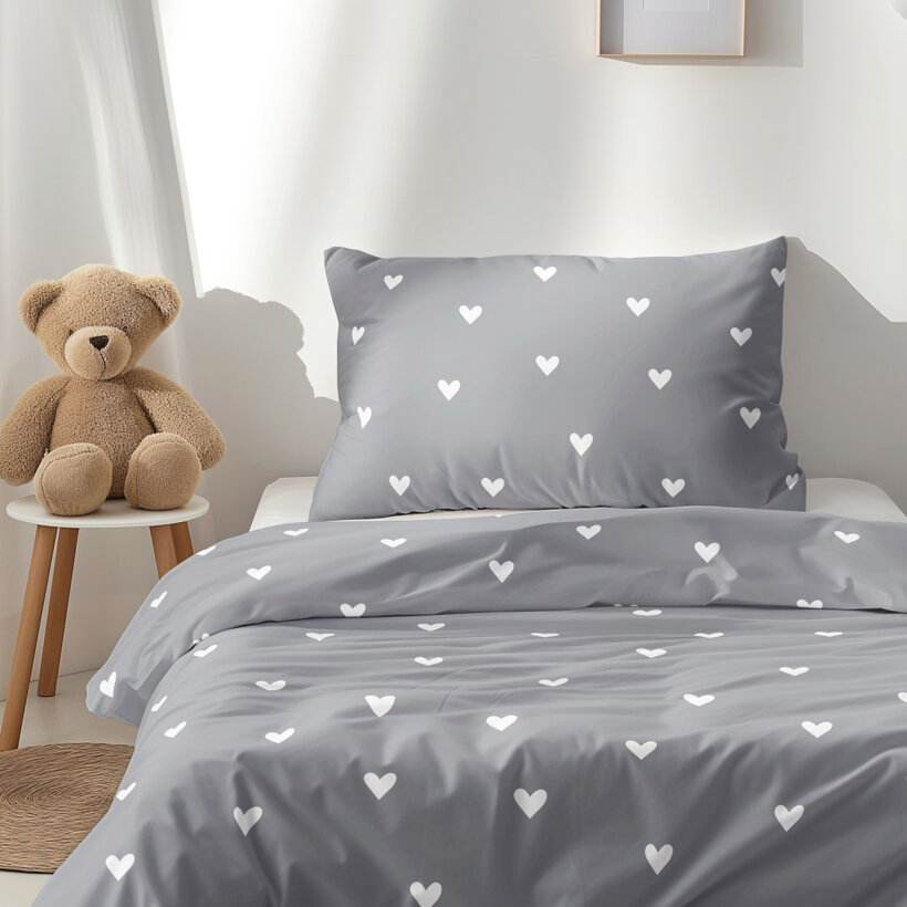 Kinder - Bettwäsche aus Baumwolle - Herzchen auf Grau