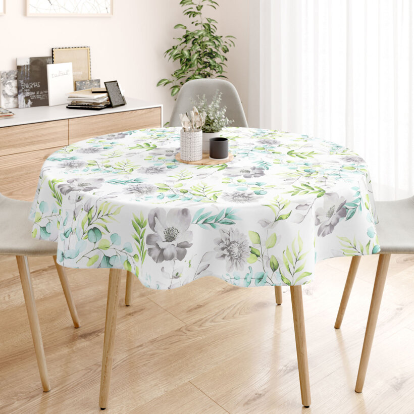 Runde Tischdecke 100% Baumwolle Deluxe - Eukalyptus mit Blumen