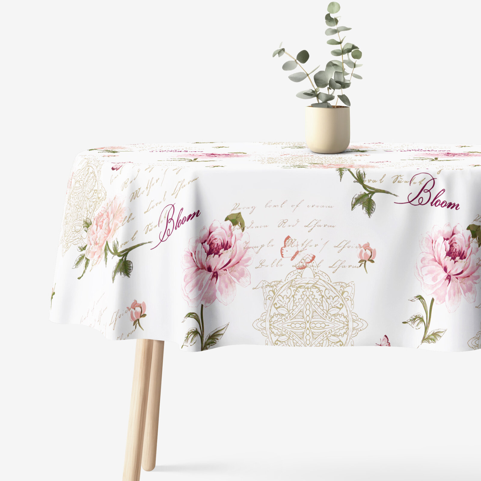 Ovale Tischdecke aus 100% Baumwolle - Pfingstrosen und Schriftzügen