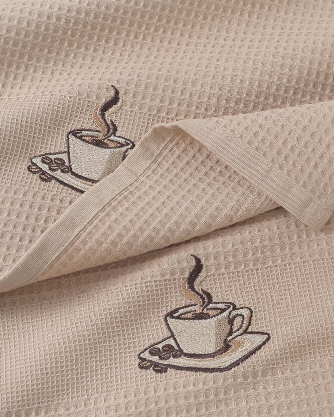 Waffel-Geschirrtuch mit Stickerei - Kaffee auf Braun