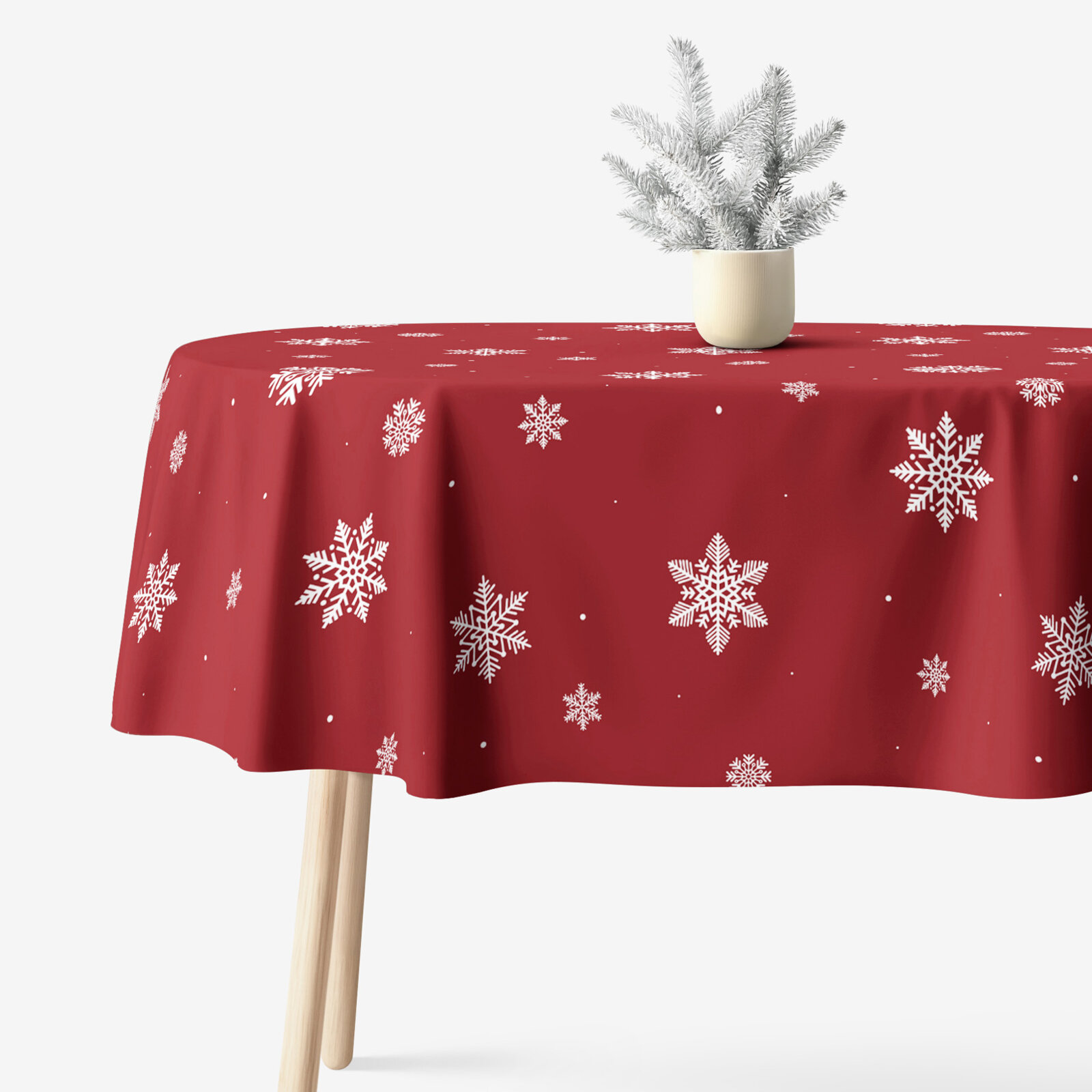 Ovale Weihnachts-Tischdecke aus 100% Baumwolle - Schneeflocken auf Rot