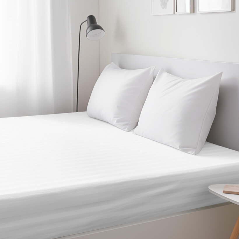 Spannbettlaken aus Damask - Weiße Streifen mit Satin-Glanz