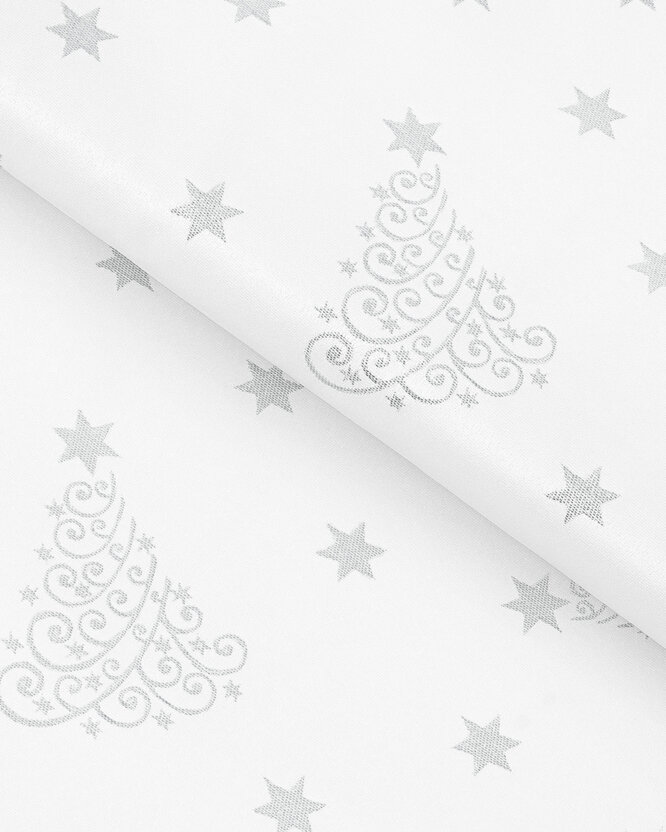 Weihnachtlicher Teflonstoff für Tischdecken – Silberne Tannenbäume und Sterne
