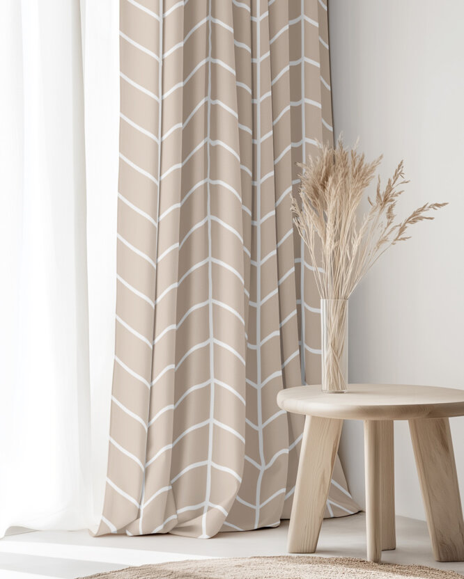 Vorhang aus Baumwolle - Weißer Zickzack auf Beige