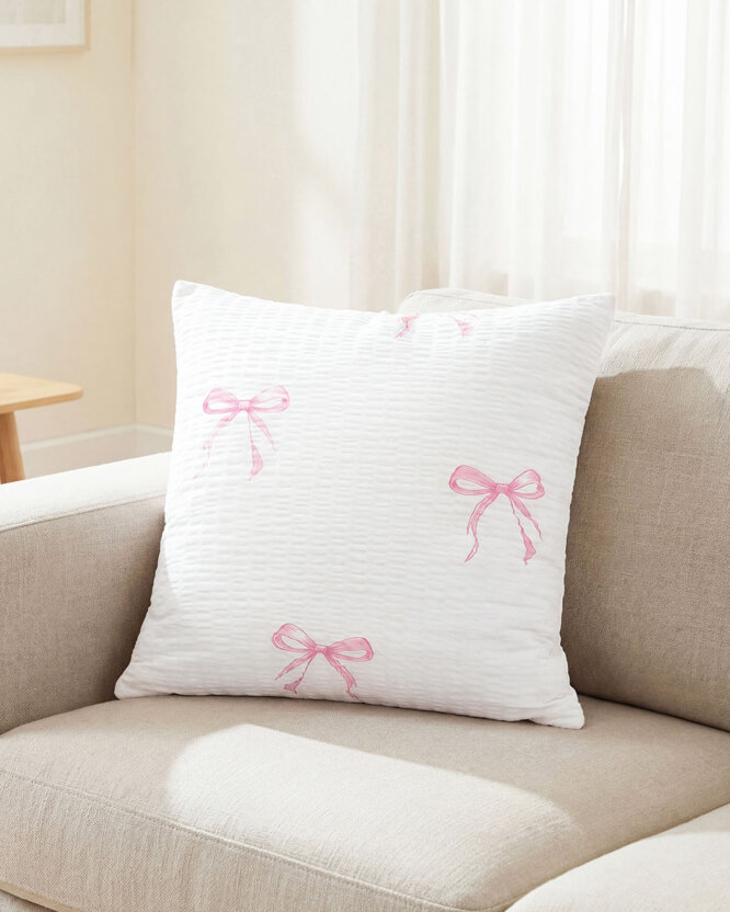 Seersucker-Kissenbezug - rosa Schleifen