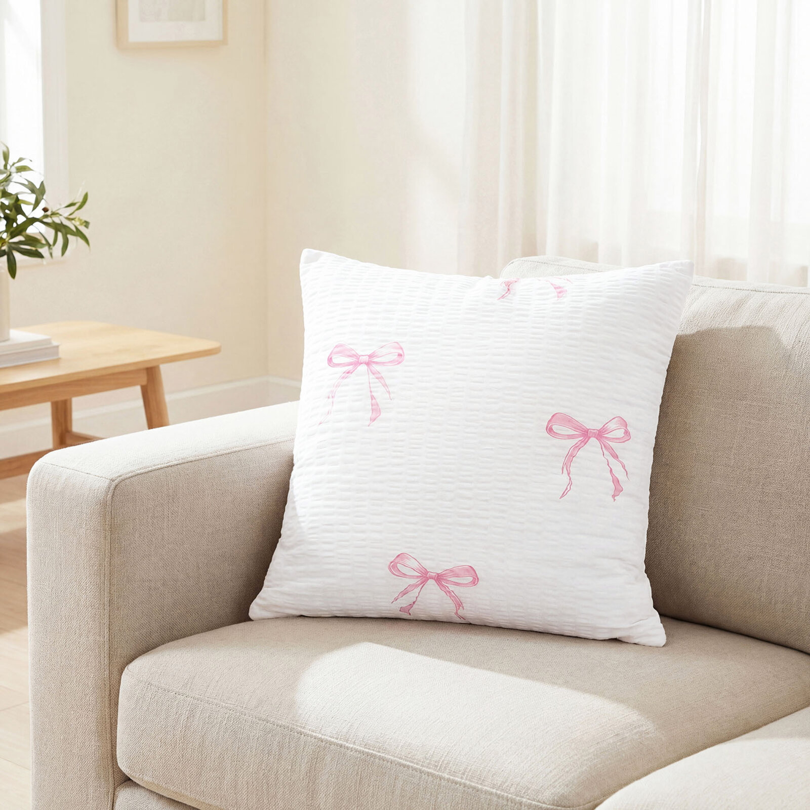 Seersucker-Kissenbezug - rosa Schleifen