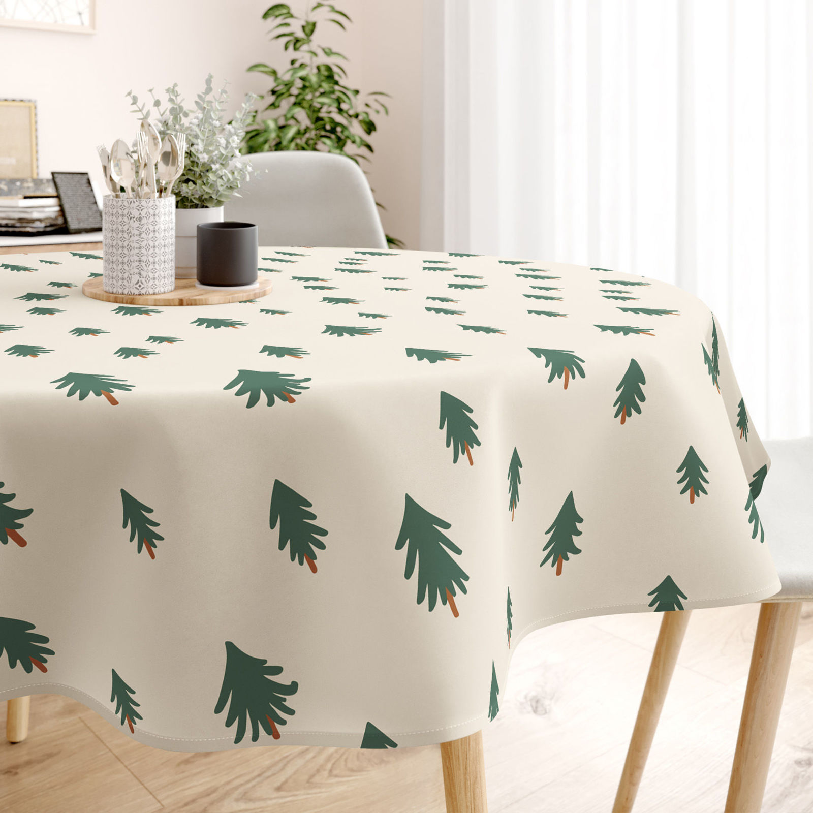 Weihnachtliche runde Tischdecke 100% Baumwollköper - Bäumchen auf natur