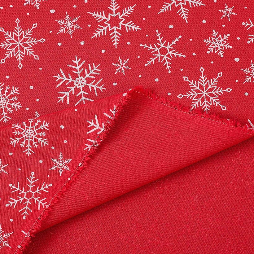 Dekorativer Stoff Valencia - Weihnachtssterne auf rotem Hintergrund