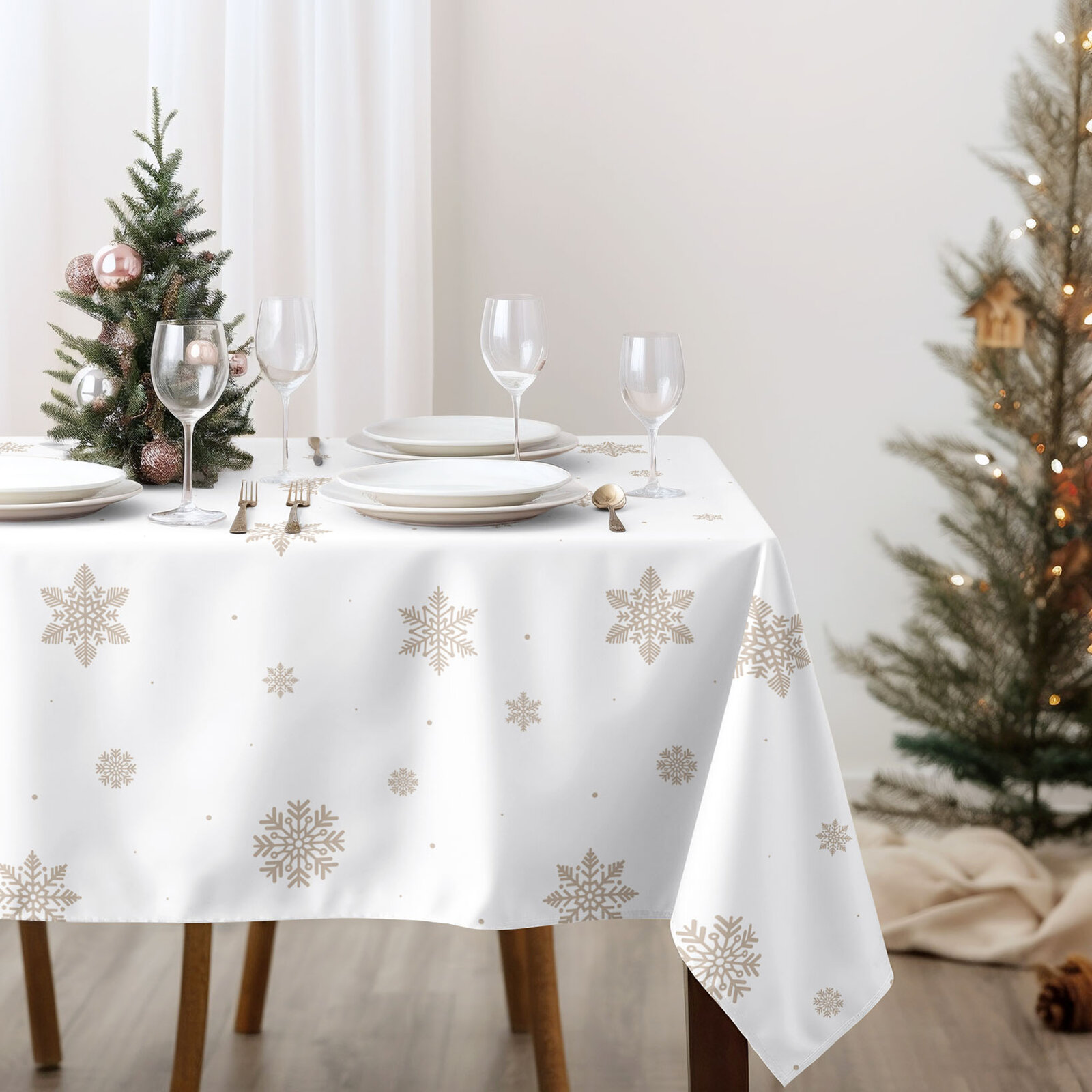Eckige weihnachtliche Tischdecke 100% Baumwolle - Schneeflocken auf Weiß