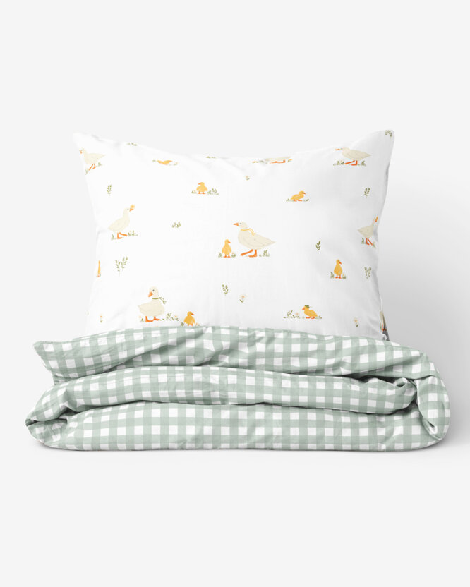 Ostern Bettwäsche aus Baumwolle - Enten mit Salbeigrüne Würfel