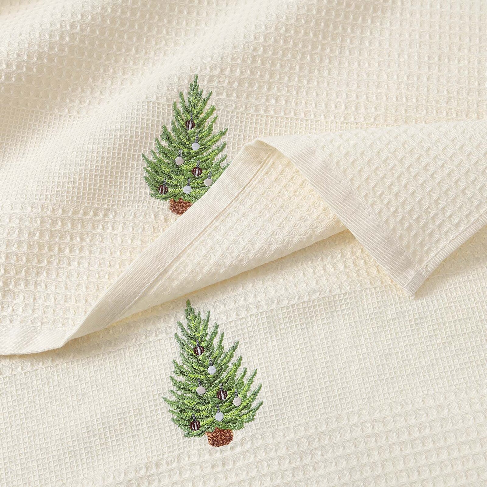 Waffel-Geschirrtuch mit Weihnachtsstickerei - Baum auf cremefarbenem Grund