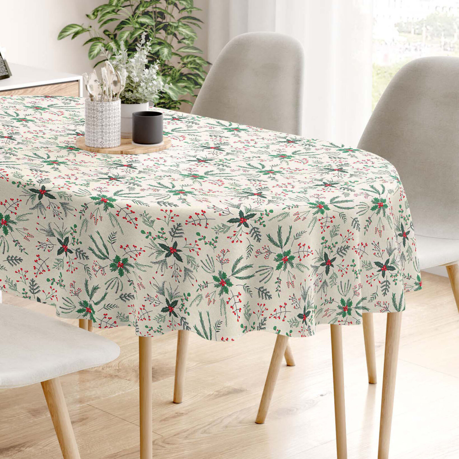 Ovale Weihnachts-Tischdecke Valencia – Zweige auf Naturfarbe