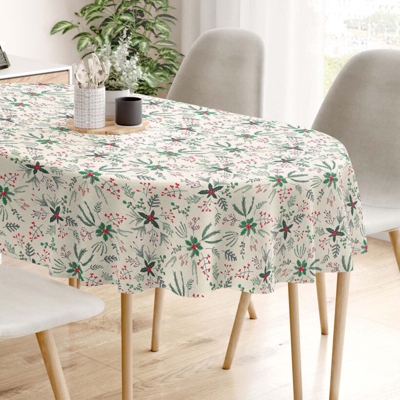 Ovale Weihnachts-Tischdecke Valencia – Zweige auf Naturfarbe