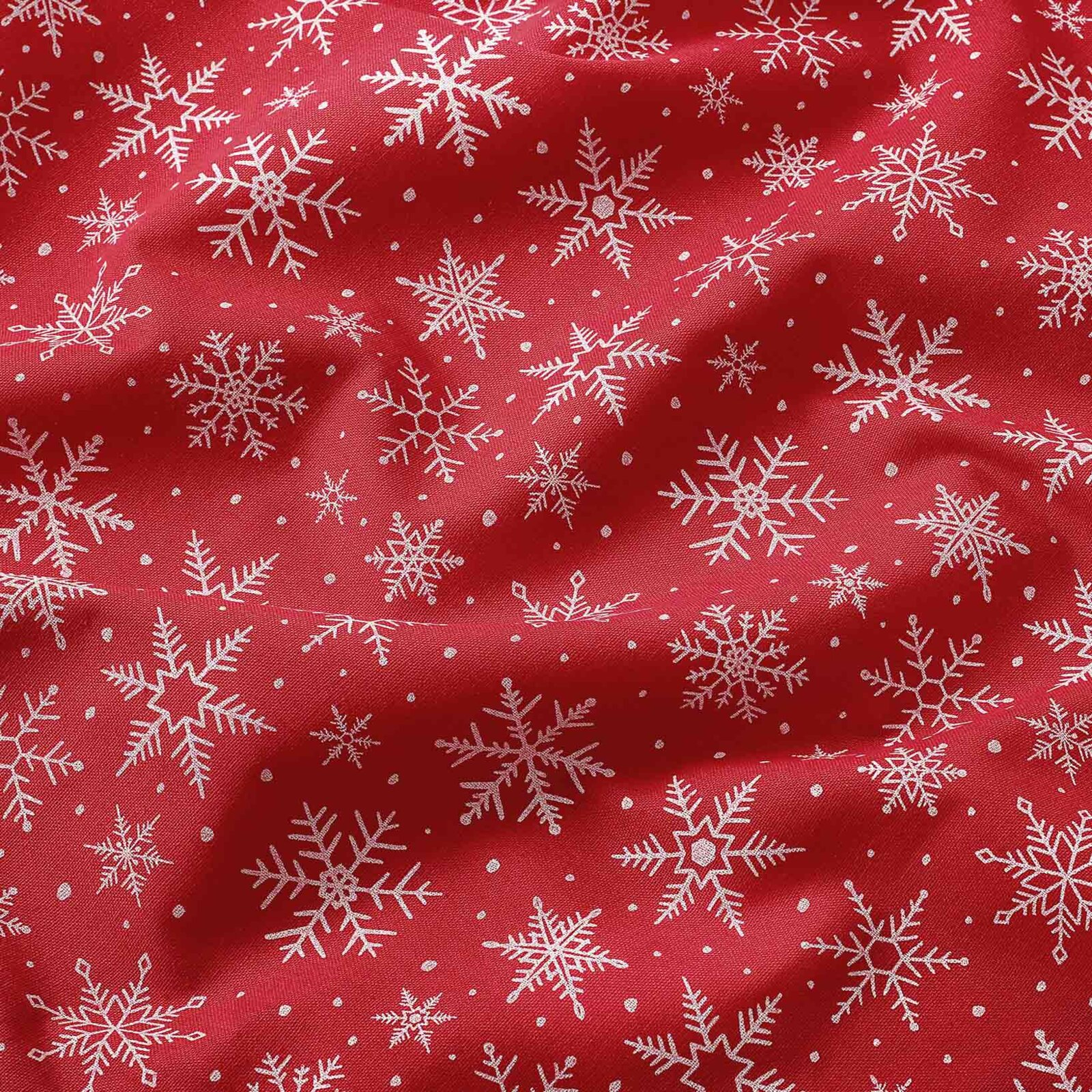 Weihnachtsstoff Valencia - Weiße Flocken auf Rot