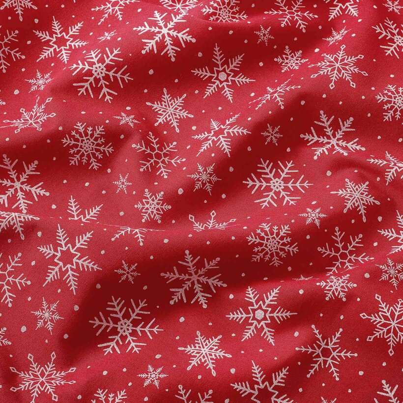 Weihnachtsstoff Valencia - Weiße Flocken auf Rot