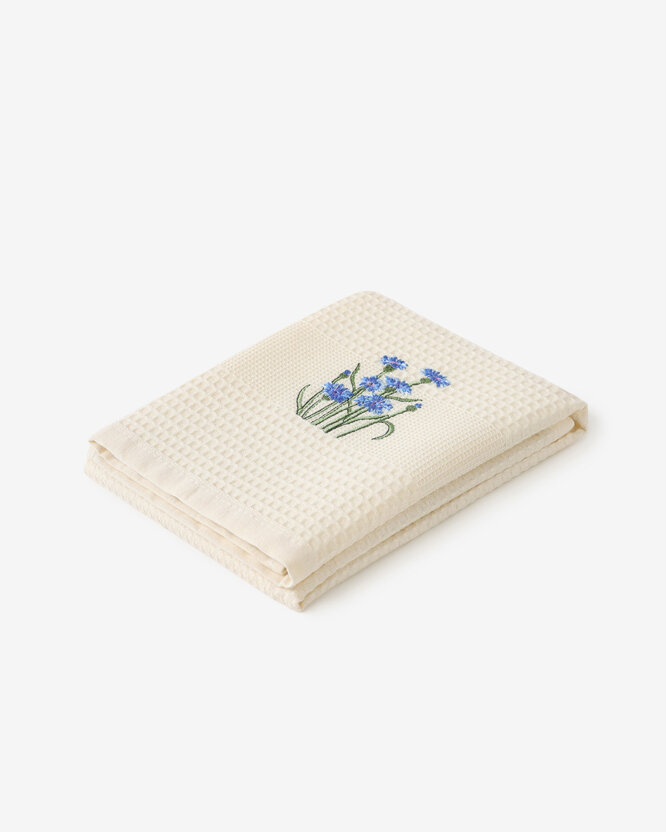 Waffel-Geschirrtuch mit Stickerei - Kornblumen auf Creme