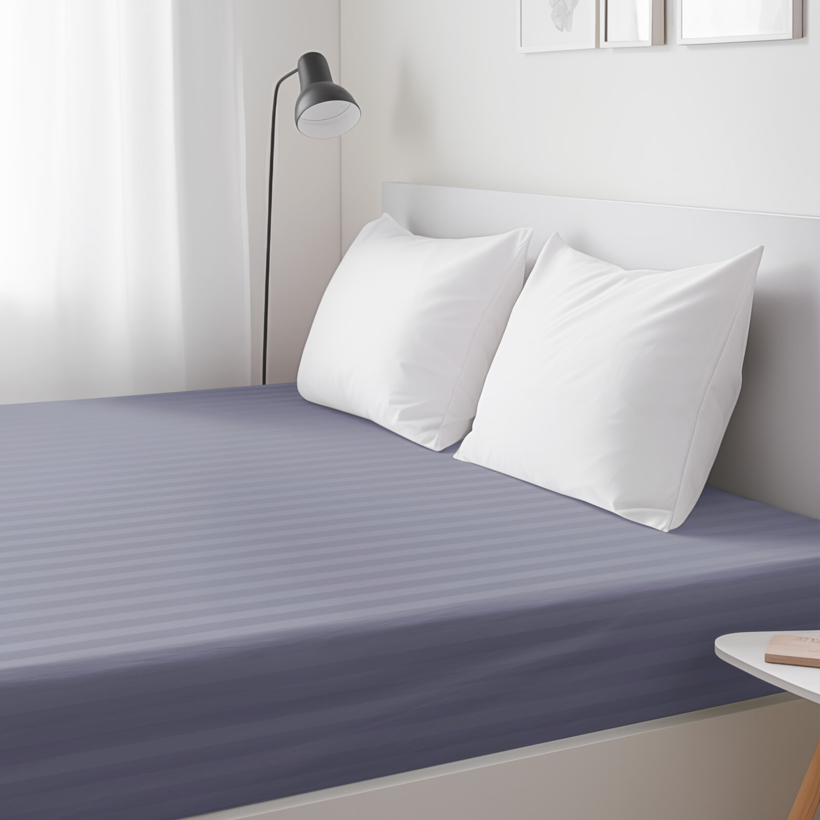 Spannbettlaken aus Damask - dunkelgraue Streifen mit Satin-Glanz