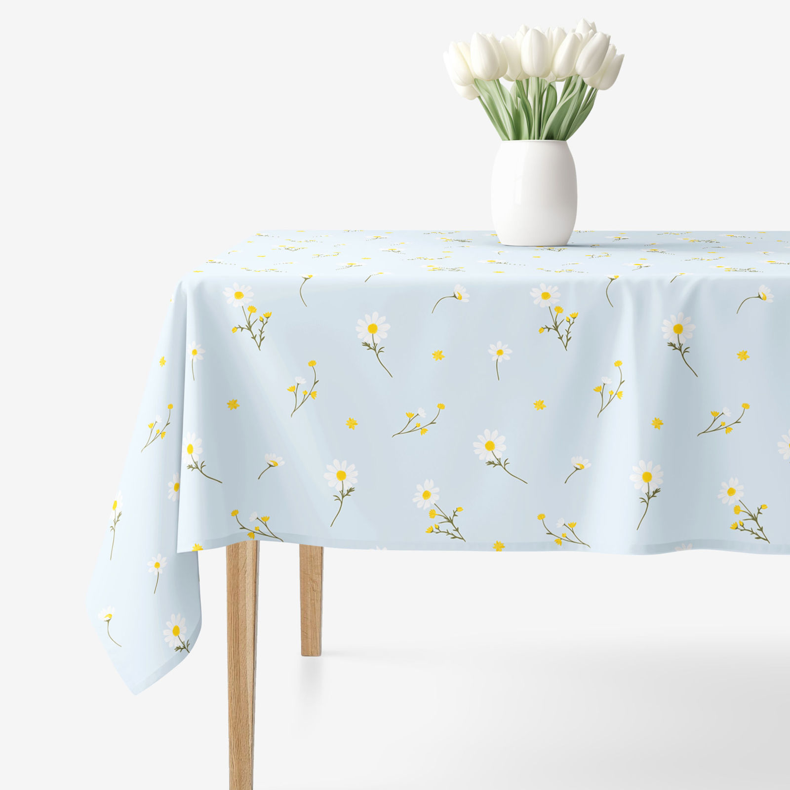 Eckige Tischdecke 100% Baumwolle - Kamille auf Hellblau