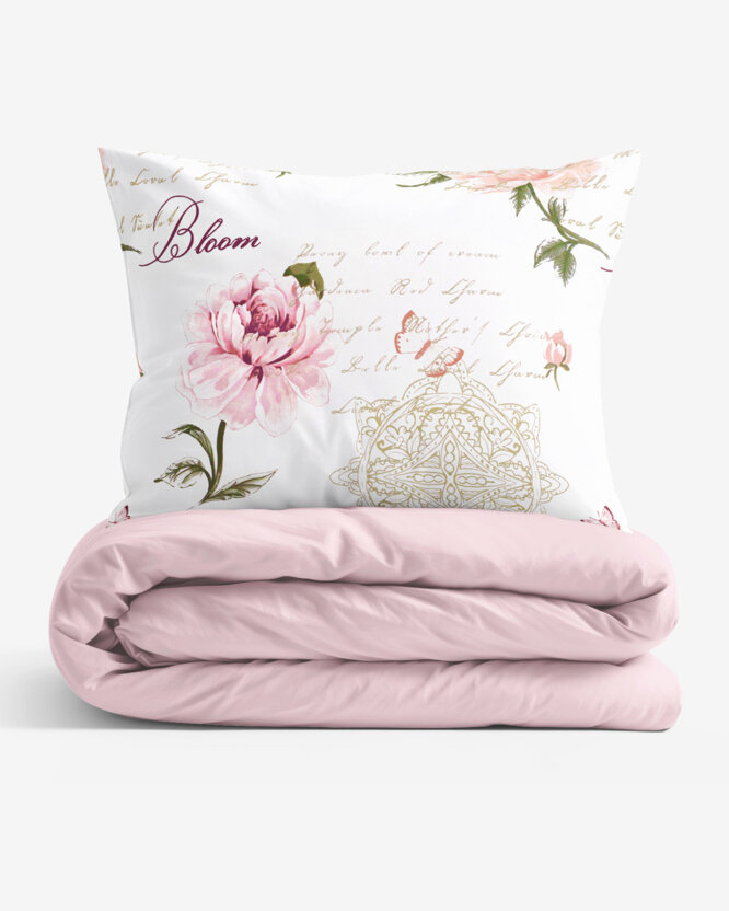 Bettwäsche aus Baumwolle Duo - Pfingstrosen und Schriftzüge mit Puderrosa