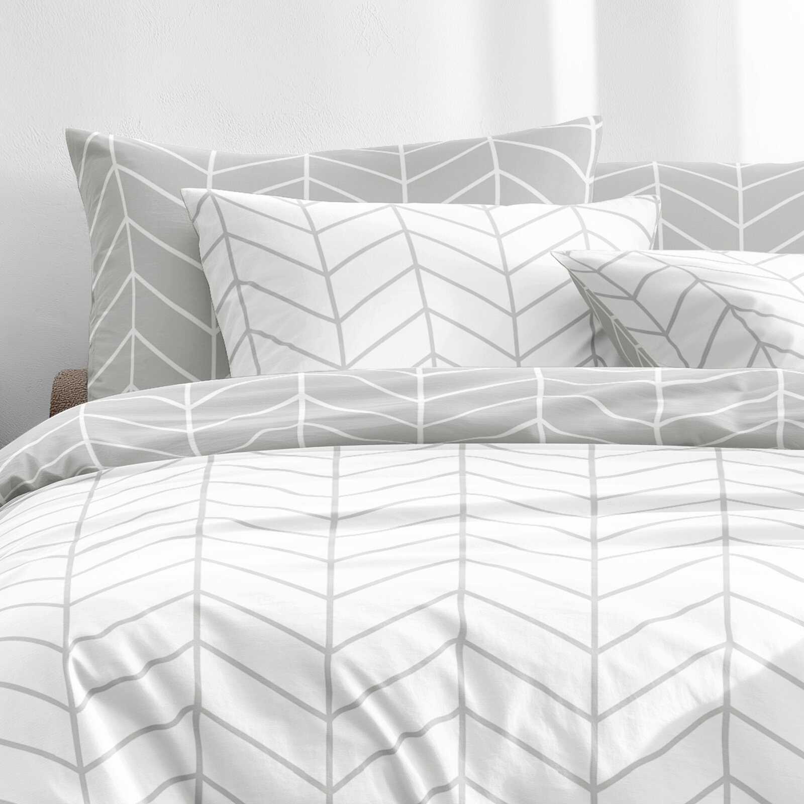 Bettwäsche aus Baumwolle - Weißes und graues Zickzack