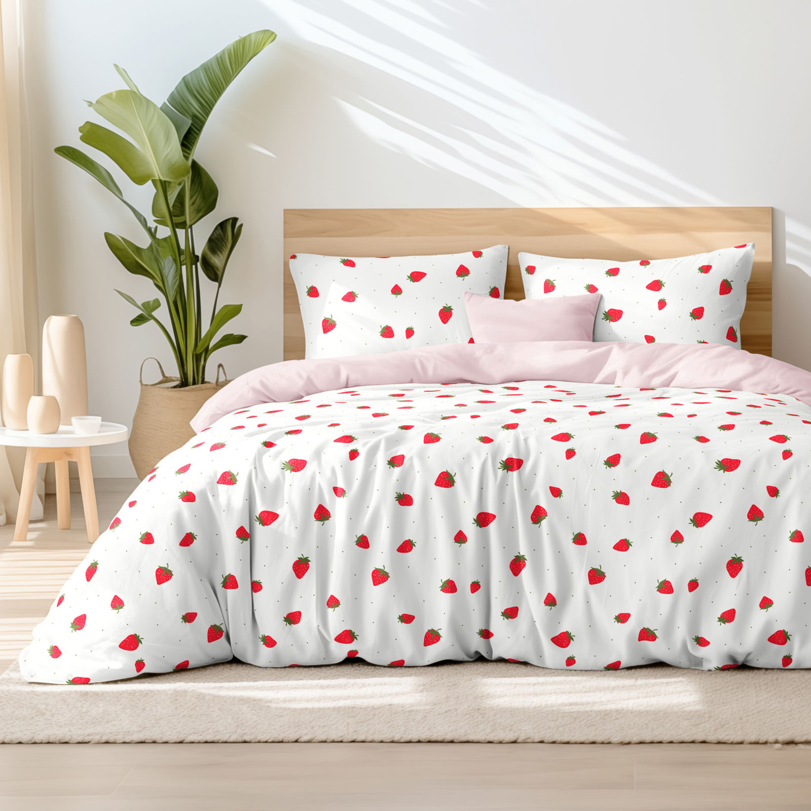 Bettwäsche aus Baumwolle Duo - frische Erdbeeren mit Puderrosa