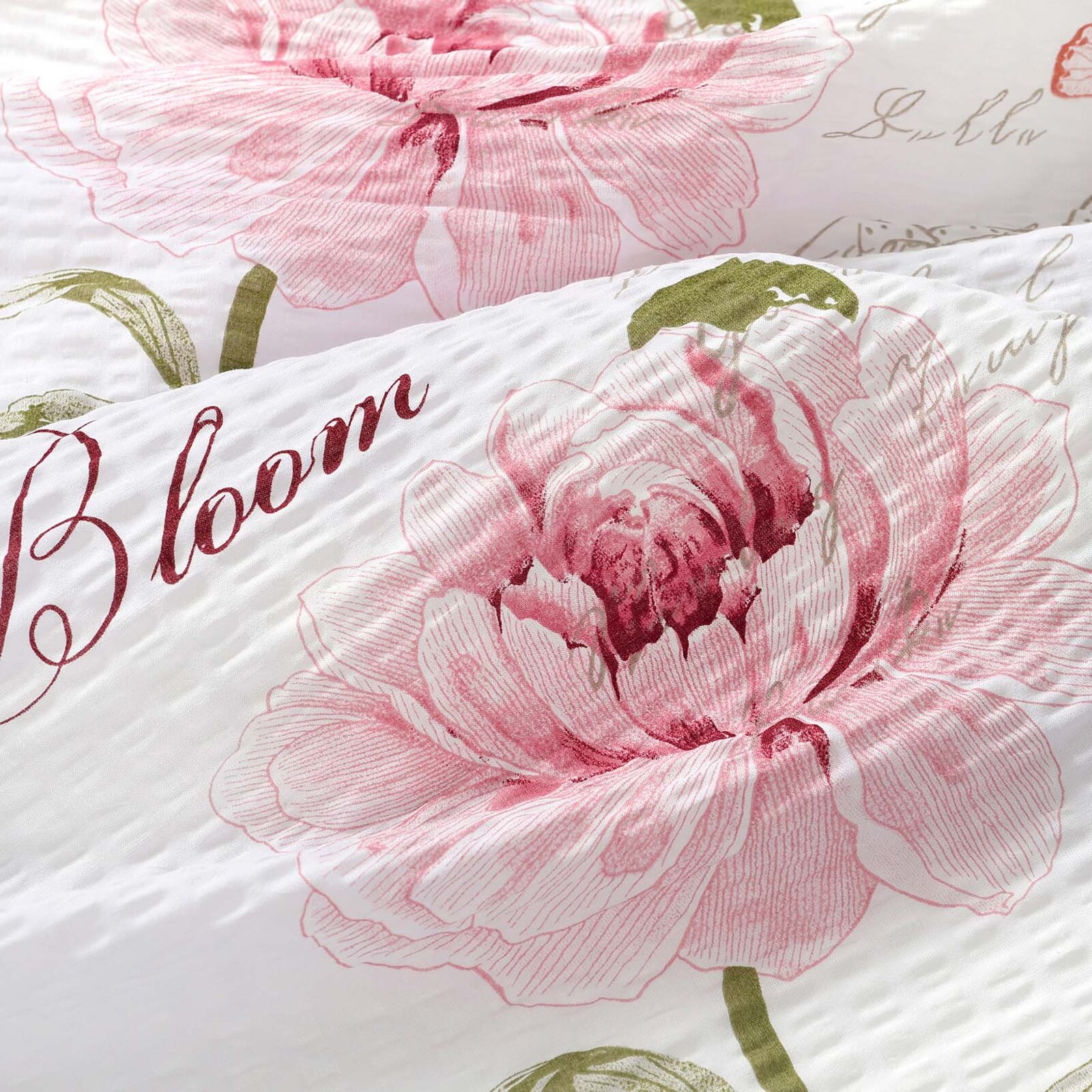 Seersucker Bettwäsche Duo - Pfingstrosen und Schriftzügen mit Puderrosa