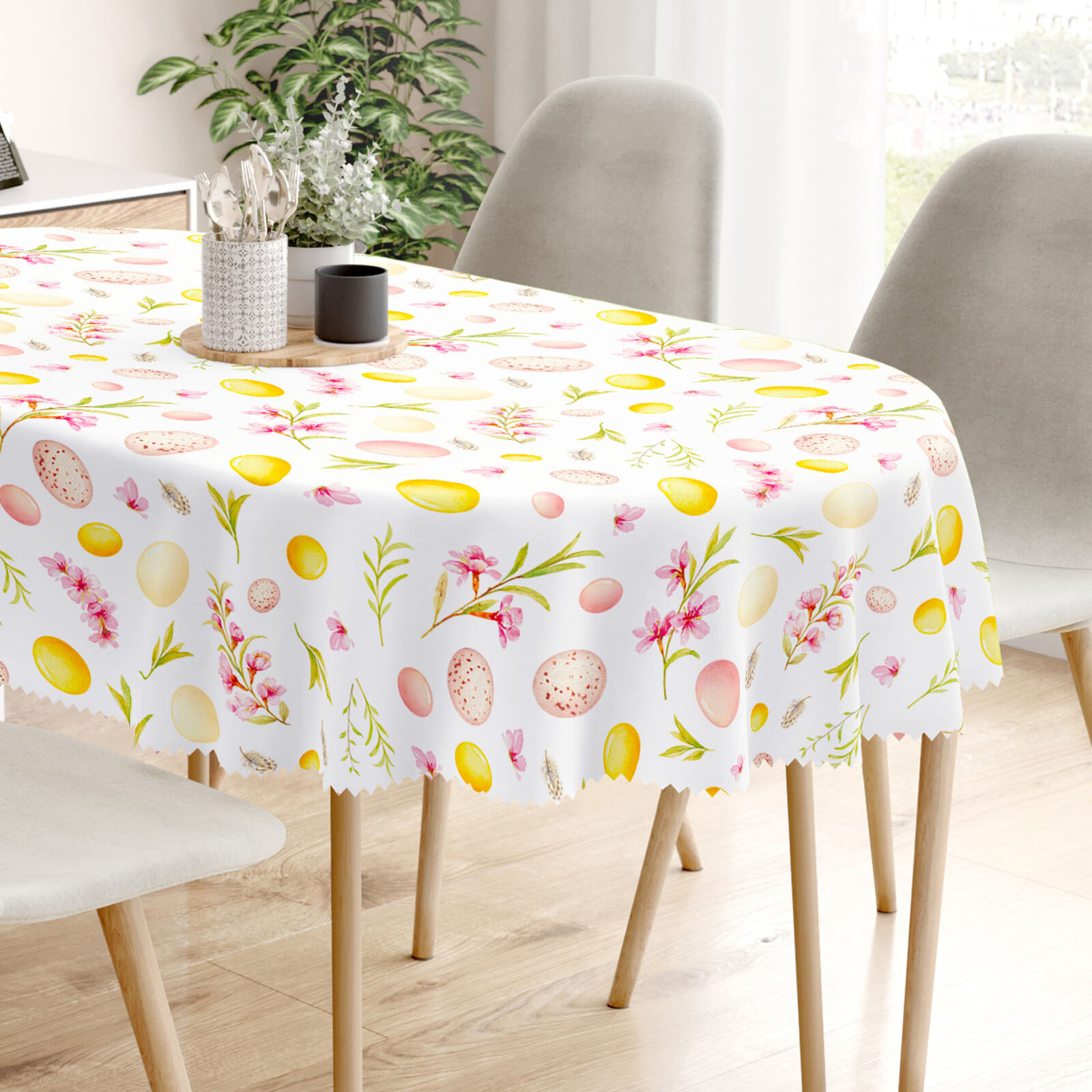 Ostern Tischdecke Teflon Oval - Ostereier mit Blumen