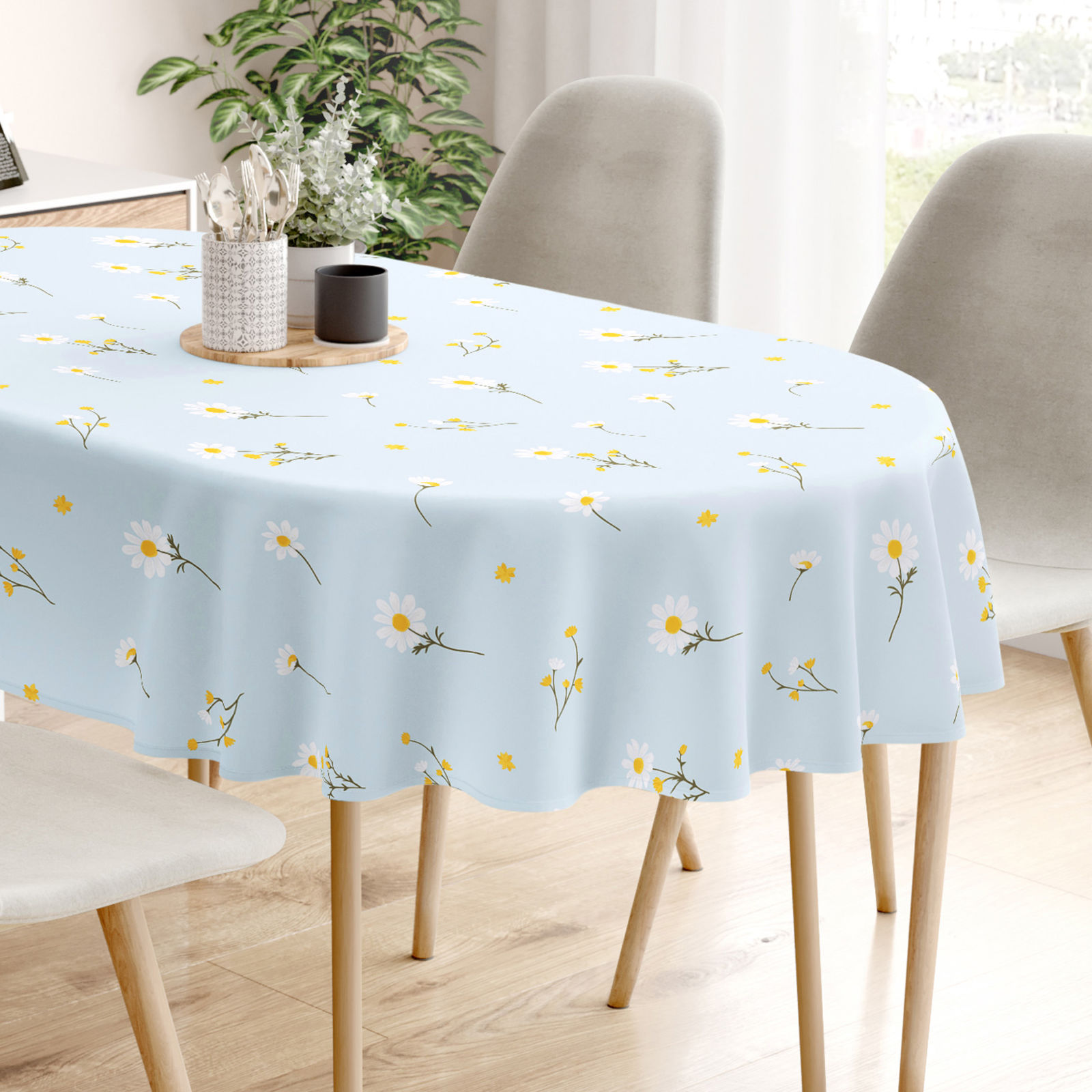 Ovale Tischdecke aus 100% Baumwolle - Kamille auf Hellblau