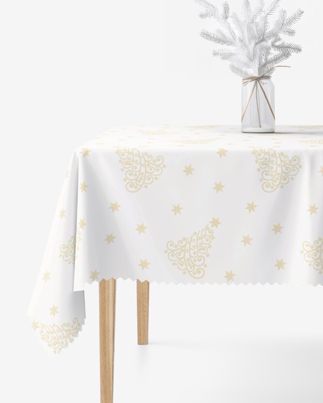 Weihnachtliche eckige Teflon-Tischdecke - Goldene Tannenbäume und Sterne
