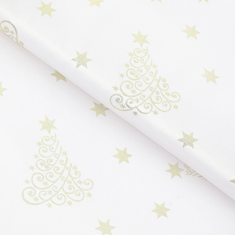Weihnachtlicher Teflonstoff für Tischdecken – Goldene Tannenbäume und Sterne