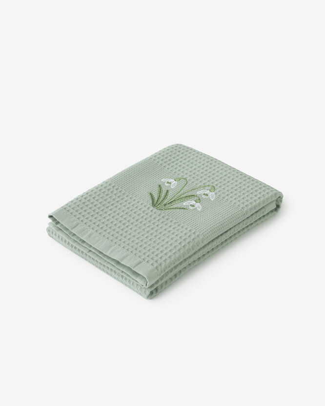 Waffel-Geschirrtuch mit Stickerei - Schneeglöckchen auf Salbei