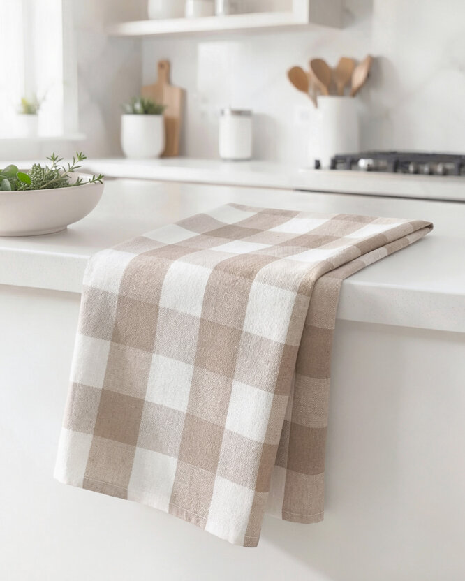 Küchentuch aus Baumwolle - beige große Würfel