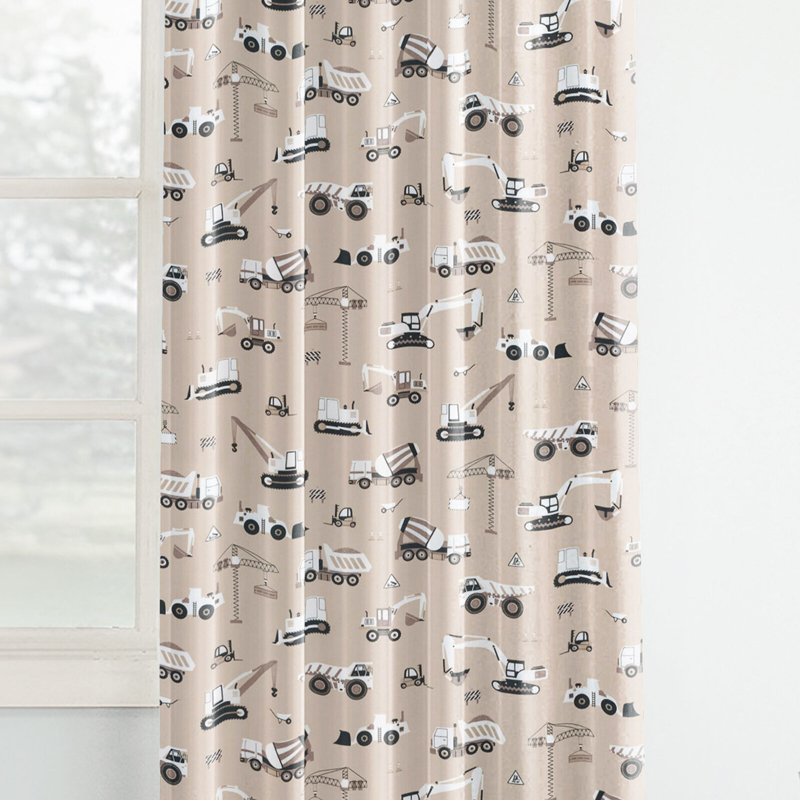 Vorhang aus Baumwolle Kindermotive - Lastwagen und Bagger auf Beige