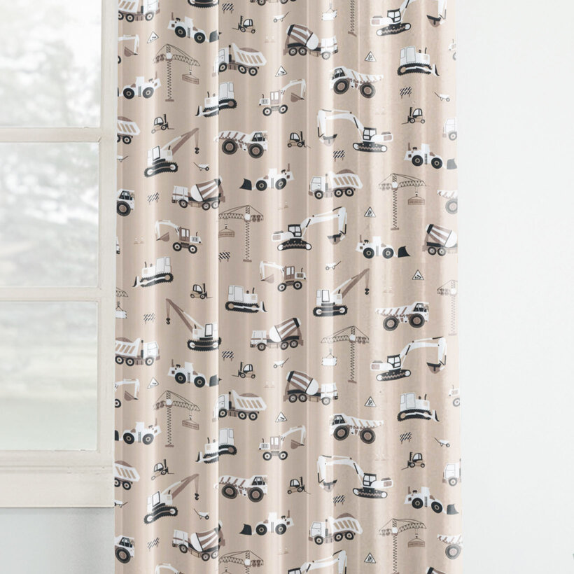 Vorhang aus Baumwolle Kindermotive - Lastwagen und Bagger auf Beige