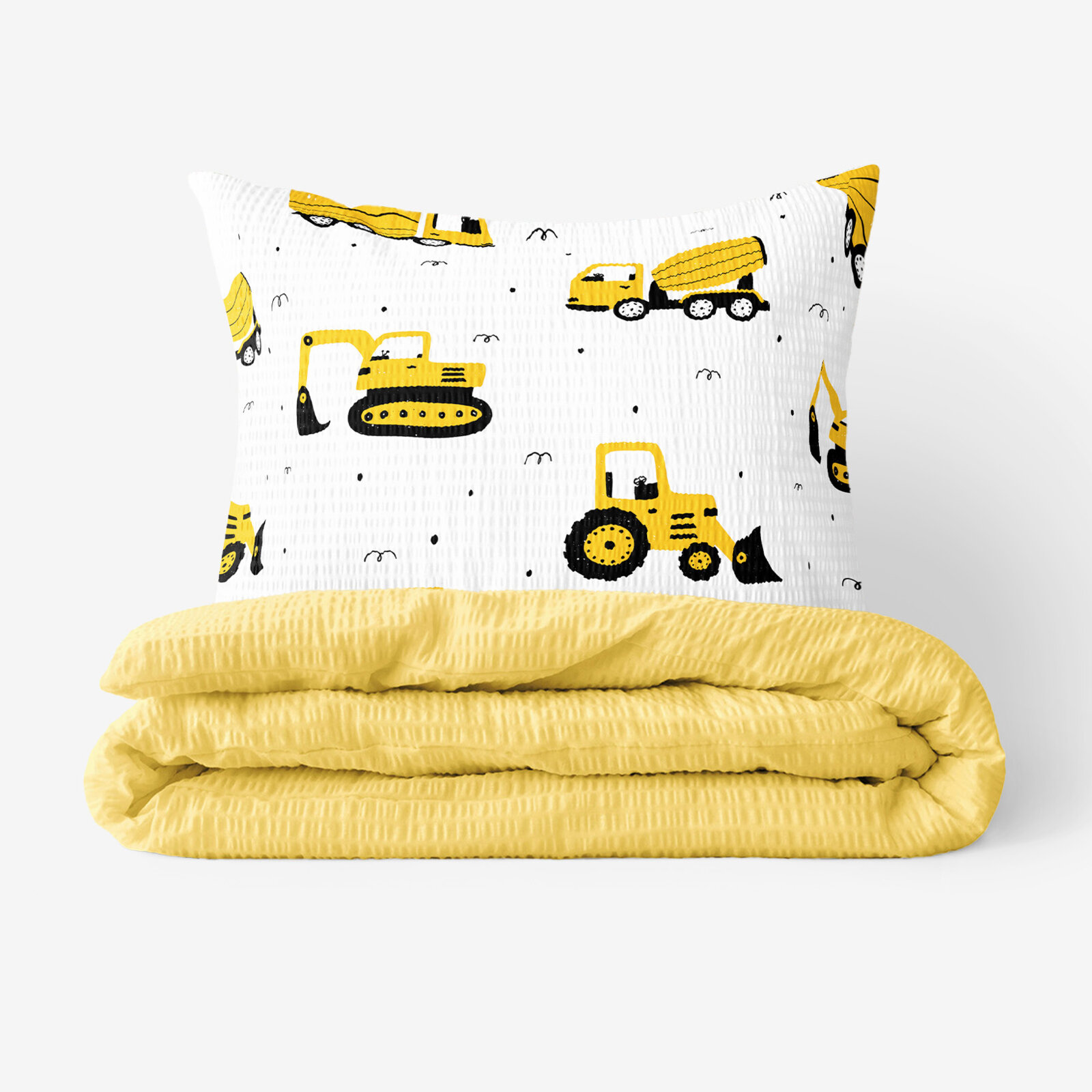 Kinder - Seersucker Bettwäsche Duo - Bagger und Baufahrzeuge mit gelb
