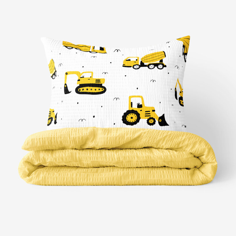 Kinder - Seersucker Bettwäsche Duo - Bagger und Baufahrzeuge mit gelb