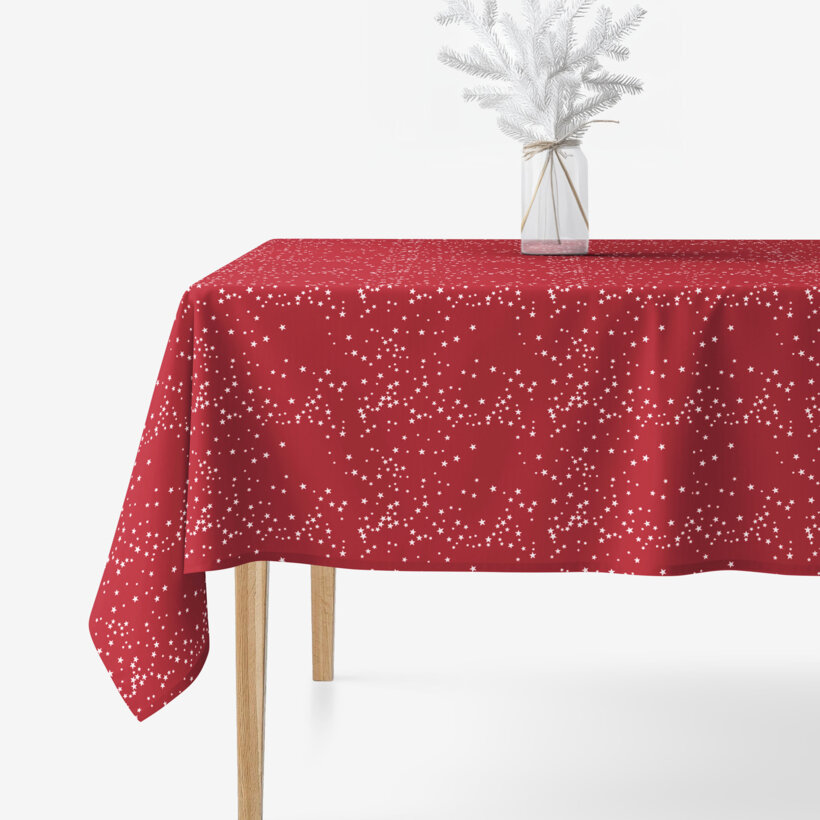 Weihnachtliche eckige Tischdecke Valencia - Sterne auf rotem Hintergrund