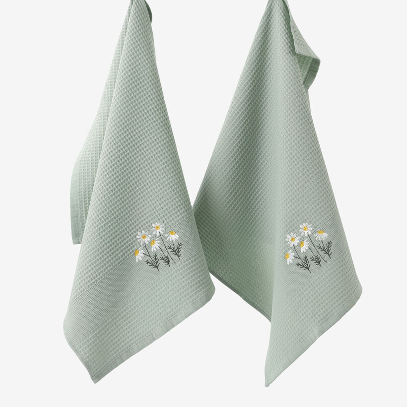 Waffel-Geschirrtuch mit Stickerei - Kamille auf Salbeigrün